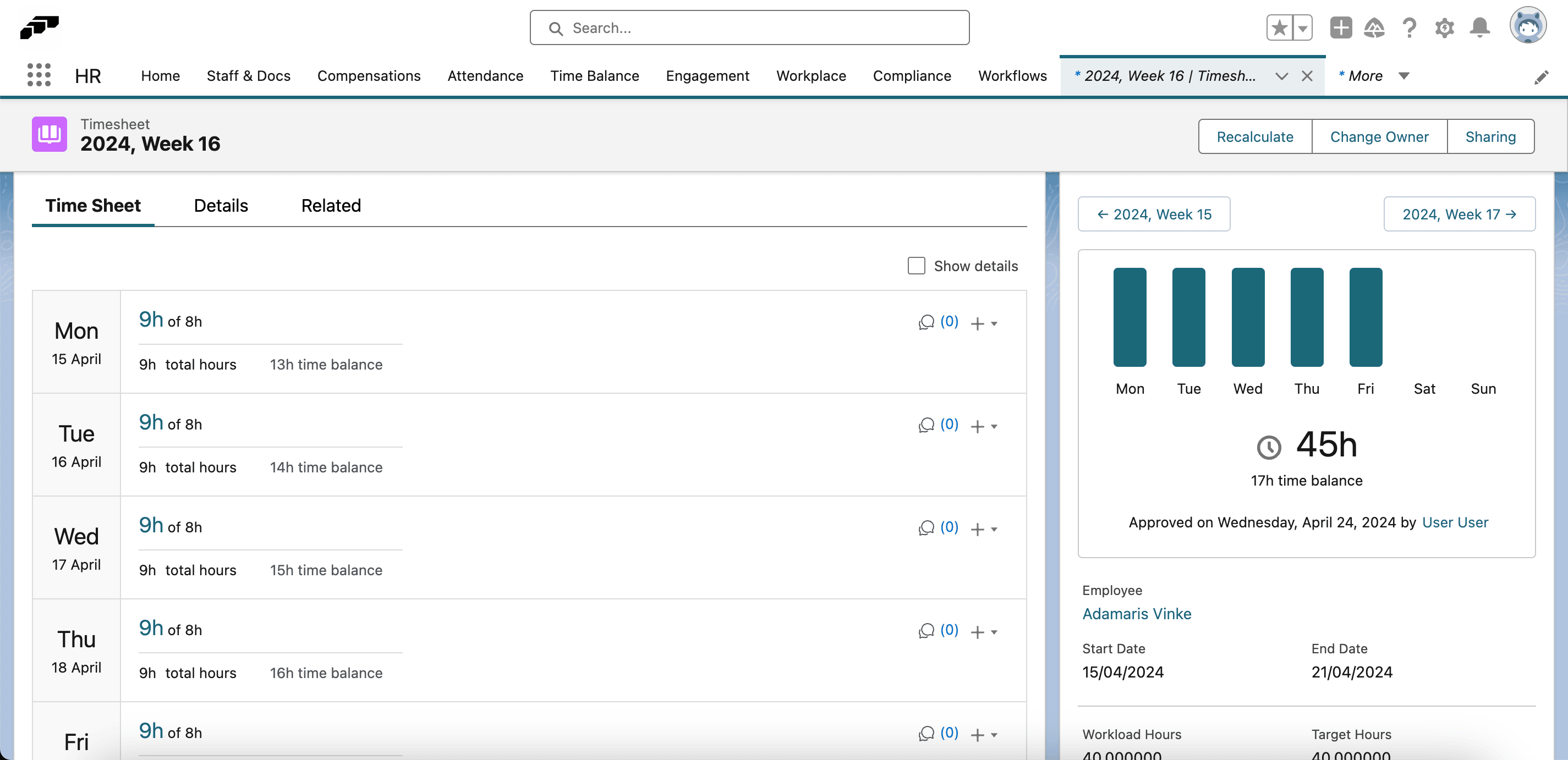 A Salesforce timesheet showing the running time balance per day and for the week