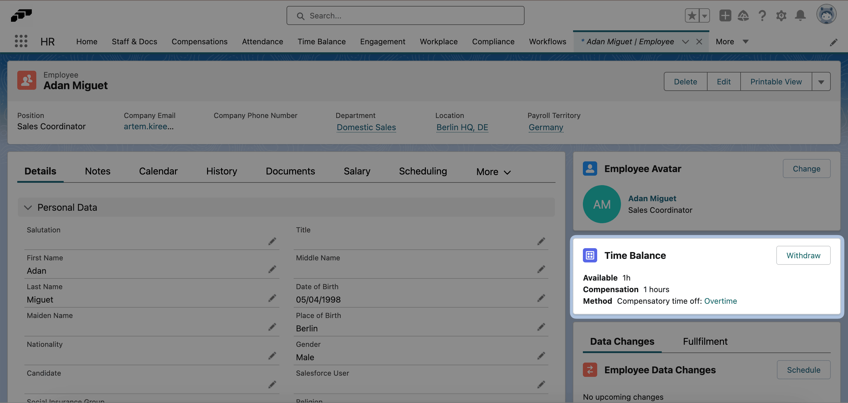 The Time Balance component on an employee record, showing Available, Compensation, Method, and the Withdraw button