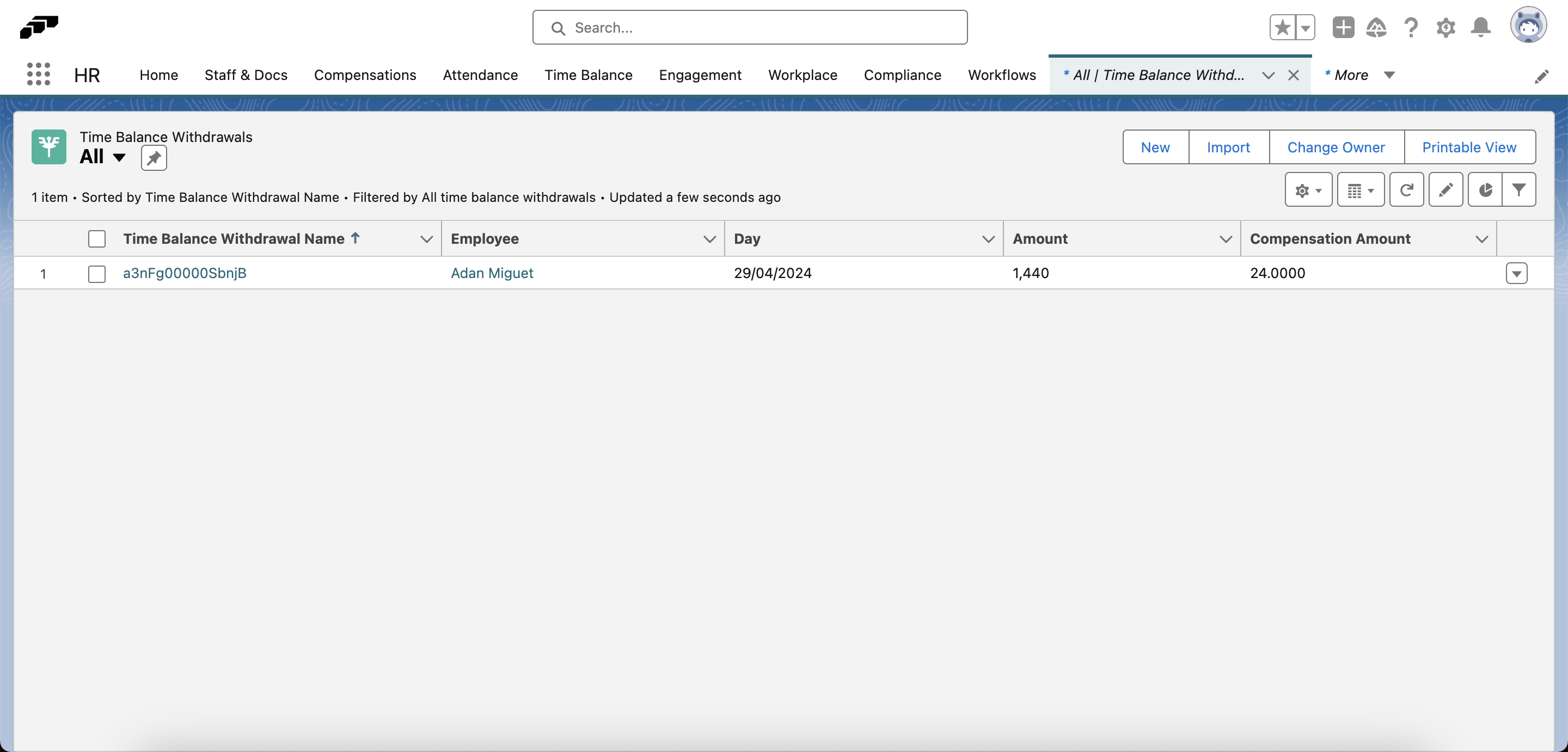 A list view of Time Balance withdrawals