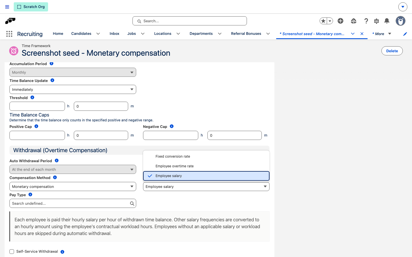 Payout Rate dropdown listing Fixed conversion rate, Employee overtime rate, and Employee salary
