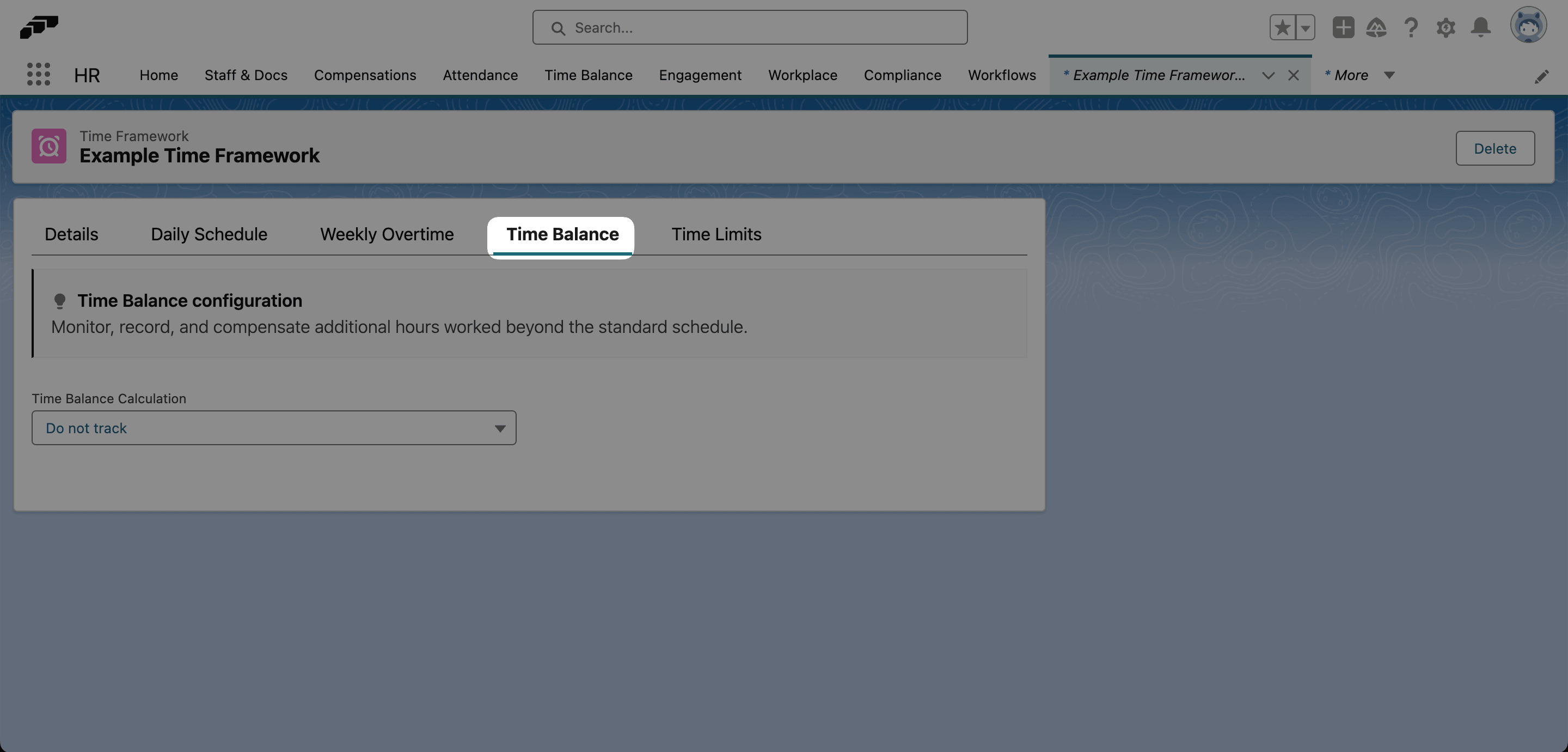 A Time Framework record with the Time Balance tab