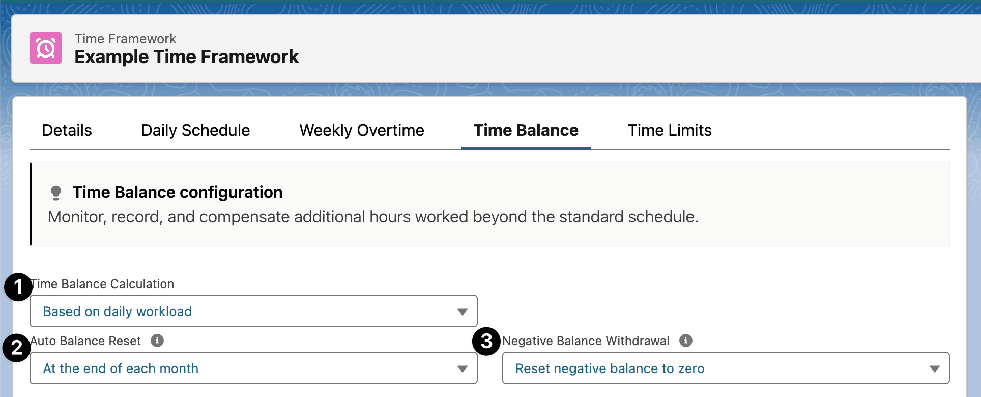 The general Time Balance settings, showing Time Balance Calculation, Auto Balance Reset, and Negative Balance Withdrawal