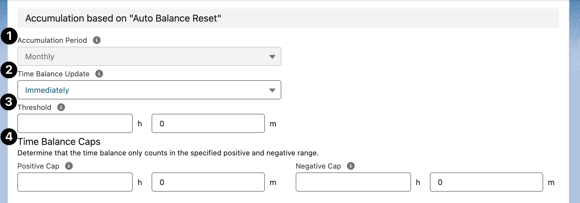 The Accumulation settings, showing Accumulation Period, Time Balance Update, Threshold, and Time Balance Caps