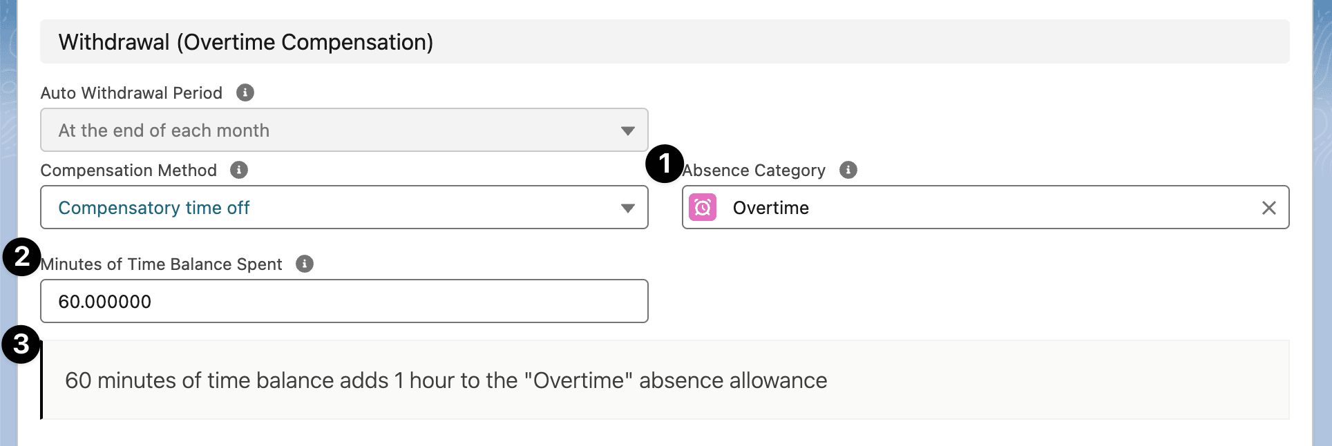 Compensatory-time settings, showing Absence Category and Minutes of Time Balance Spent with the resulting conversion