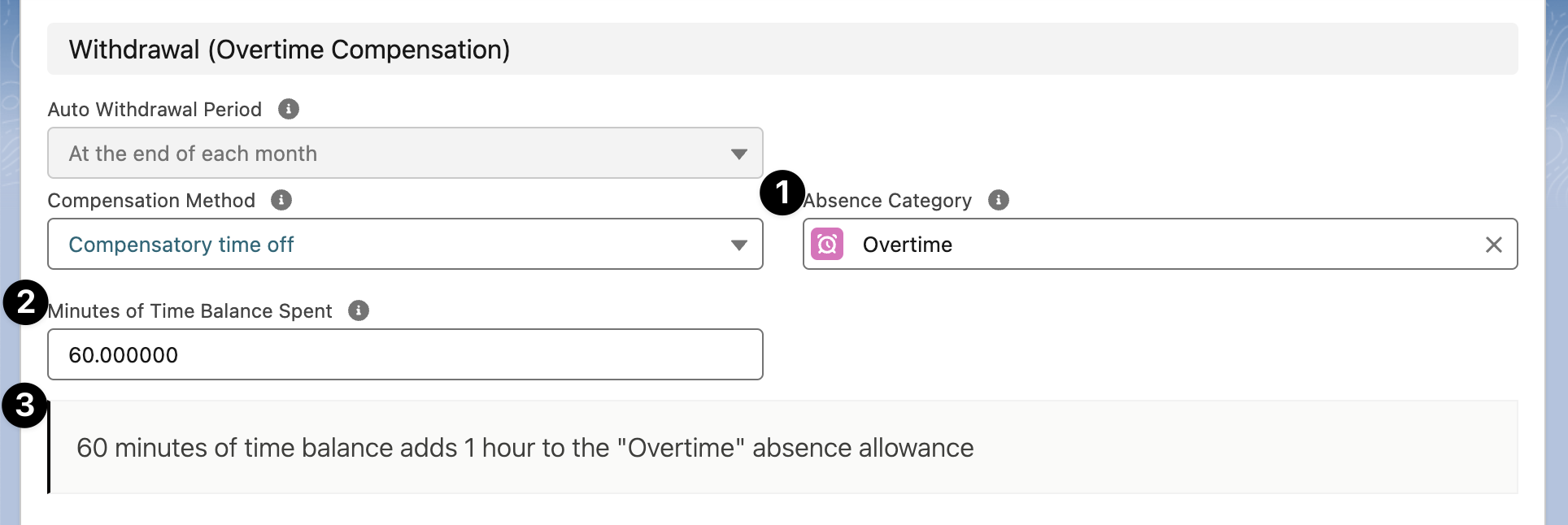 Time Balance withdrawal settings (compensatory time)