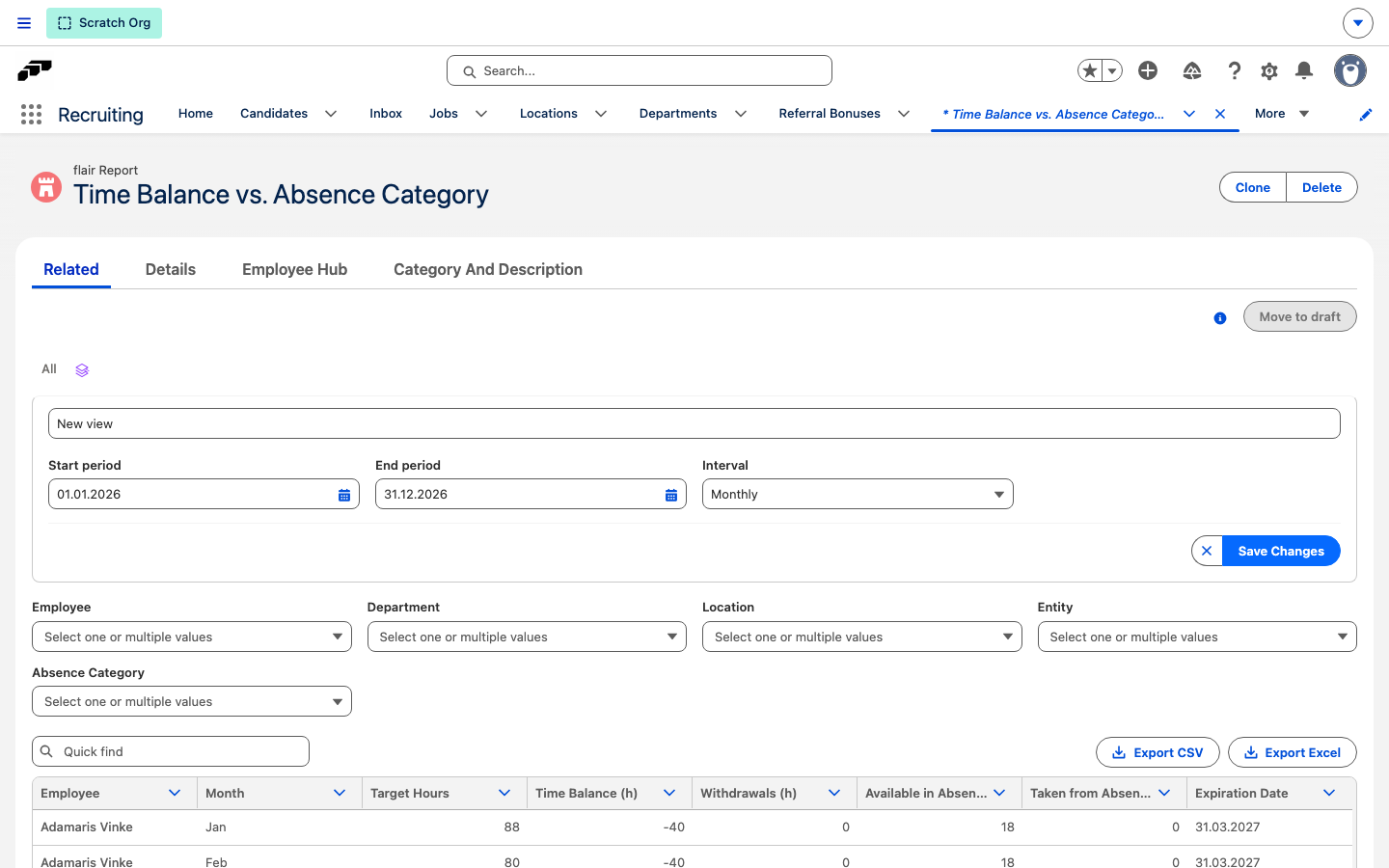 Time Balance vs. Absence Category report showing period controls, filters, and export buttons