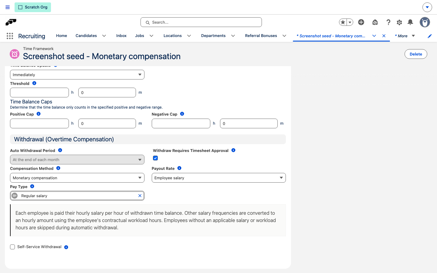 The Withdrawal (Overtime Compensation) settings with Monetary compensation selected and a Pay Type chosen
