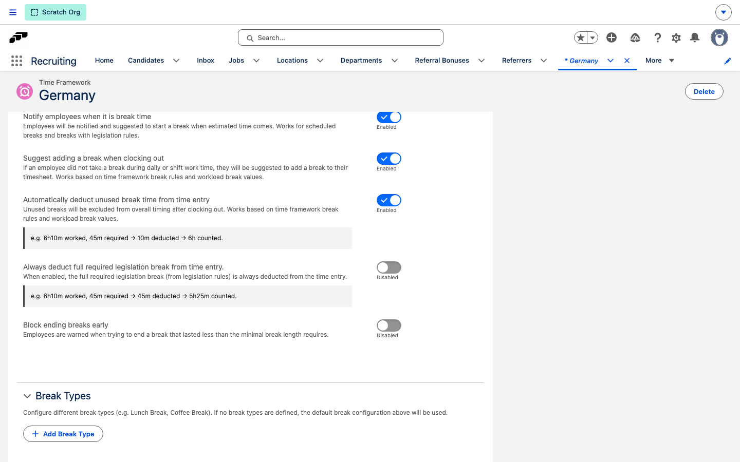 The Breaks tab on a Time Framework record showing the Always Deduct Full Legislation Break checkbox