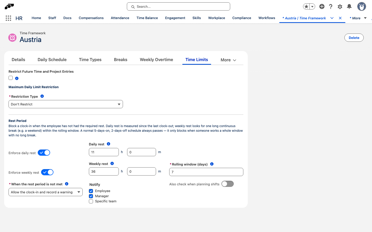 The Rest Period section of a Time Framework's Time Limits tab, with Enforce daily rest and Enforce weekly rest both on and their duration and rolling-window fields filled in