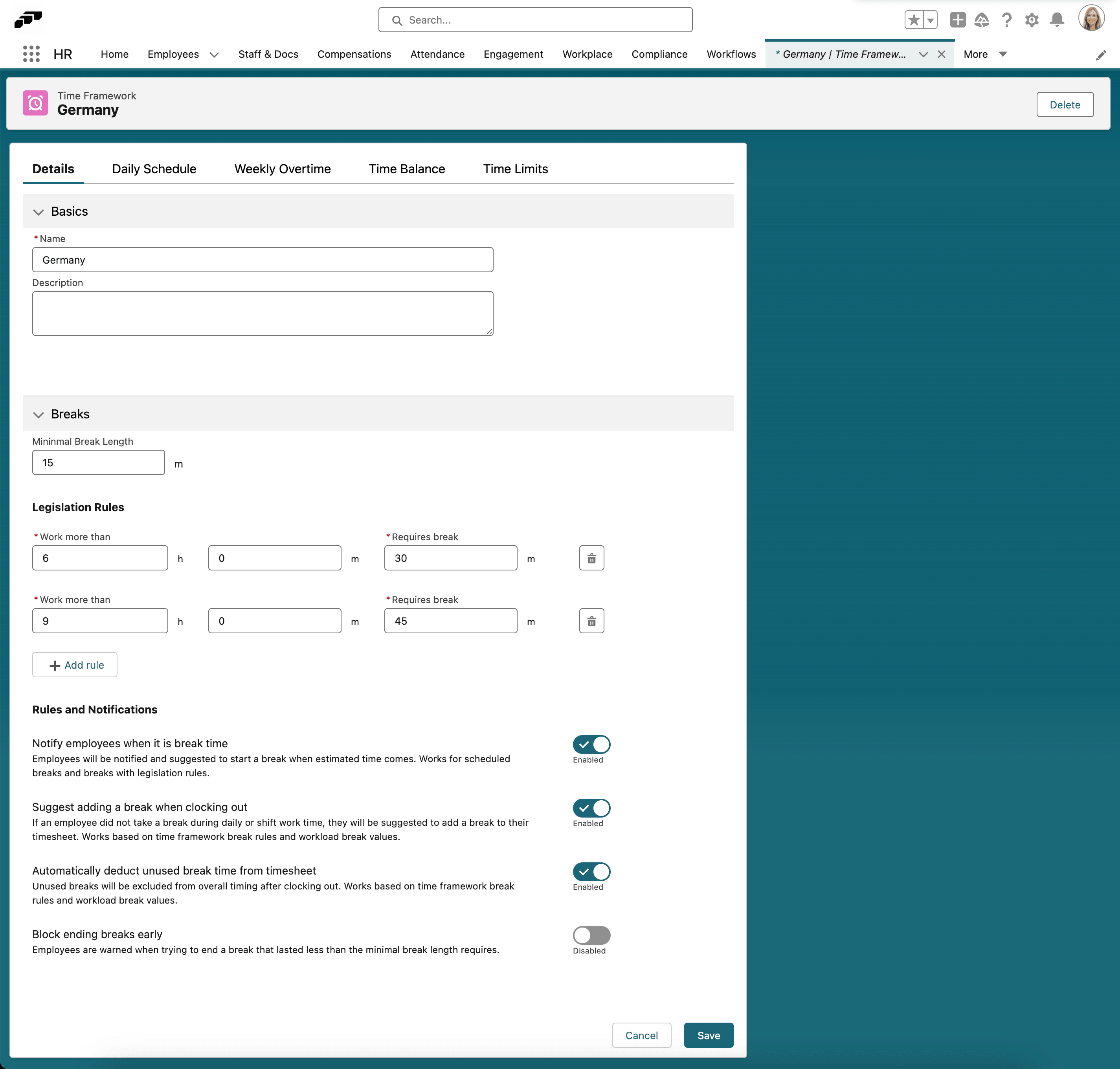 Break and working-time settings on a Time Framework