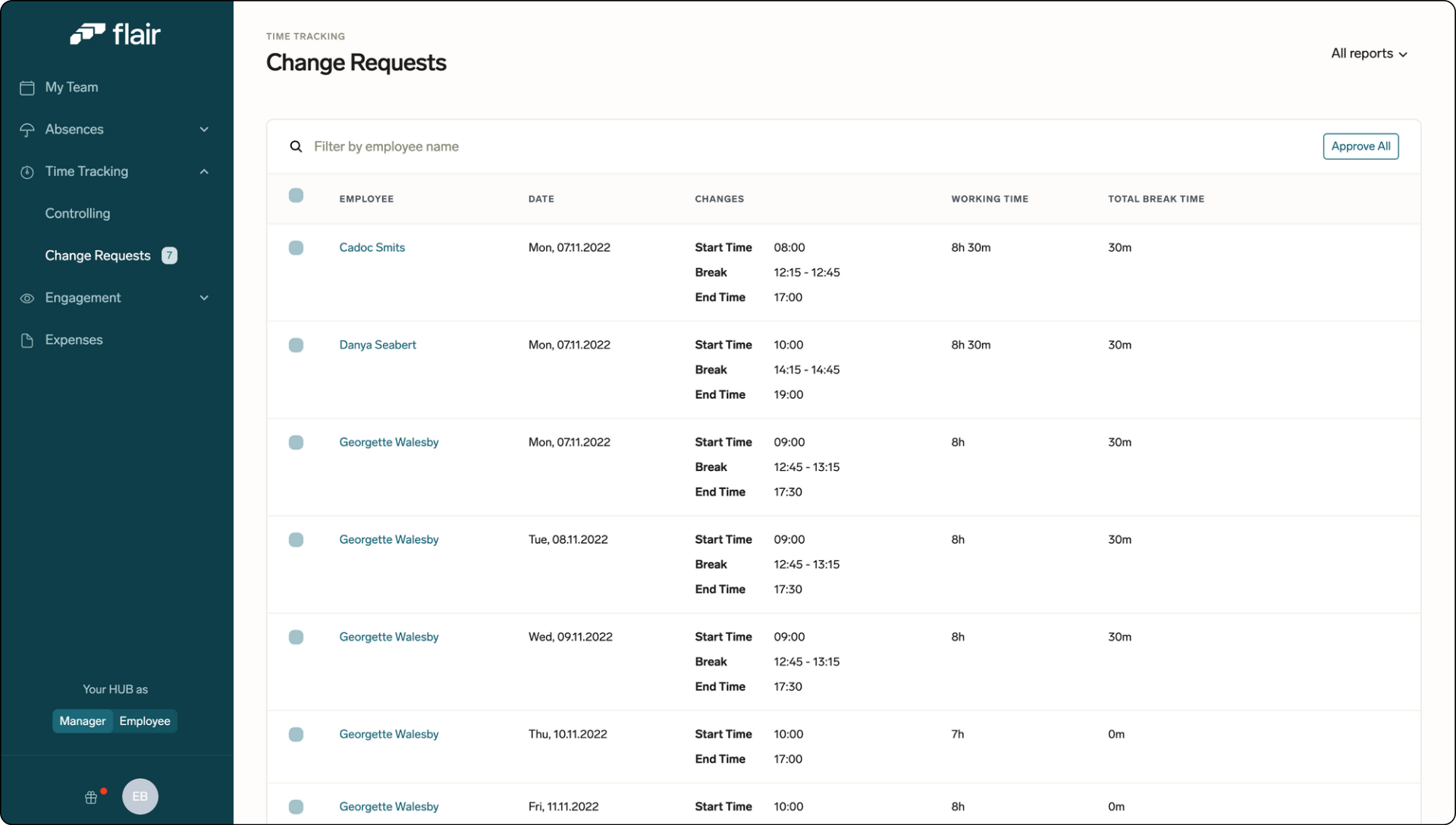 How to make changes to time tracking entries in flair