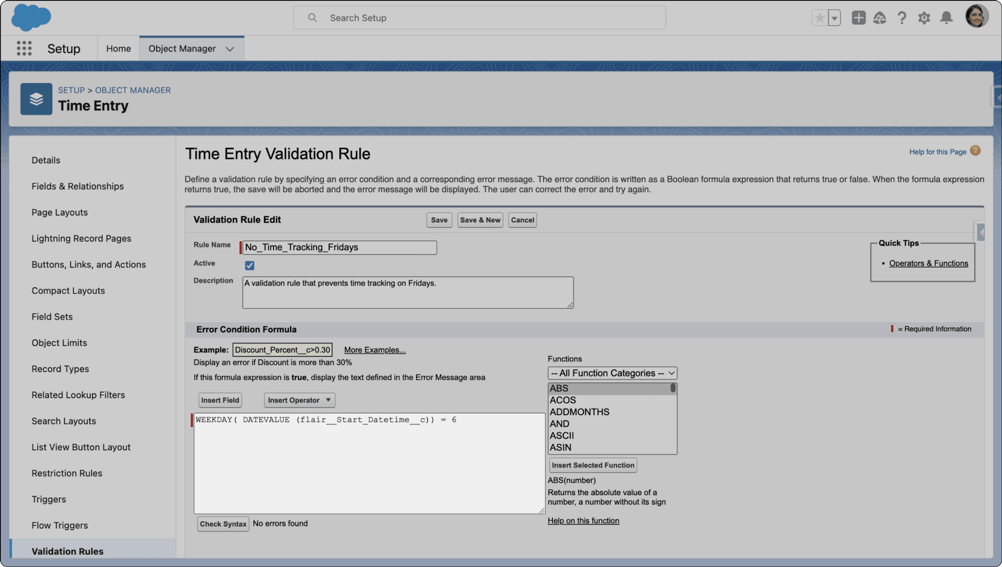 A weekday validation formula for Time Entry