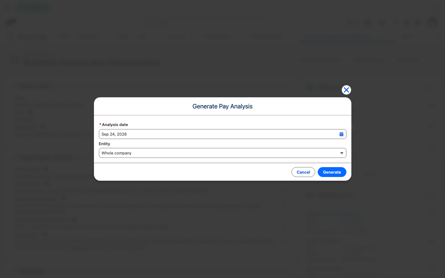 The Generate Pay Analysis modal on a Worker Category record with the Analysis date and Entity fields
