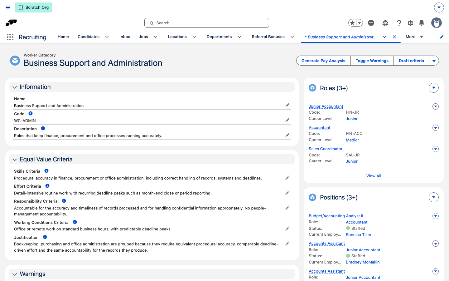 A Worker Category record with its description, justification, and the four equal-value criteria