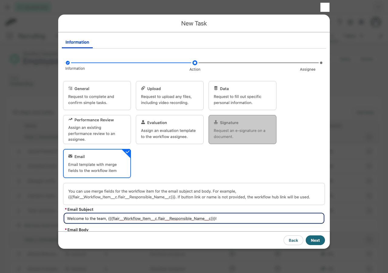 Email task with merge-field help