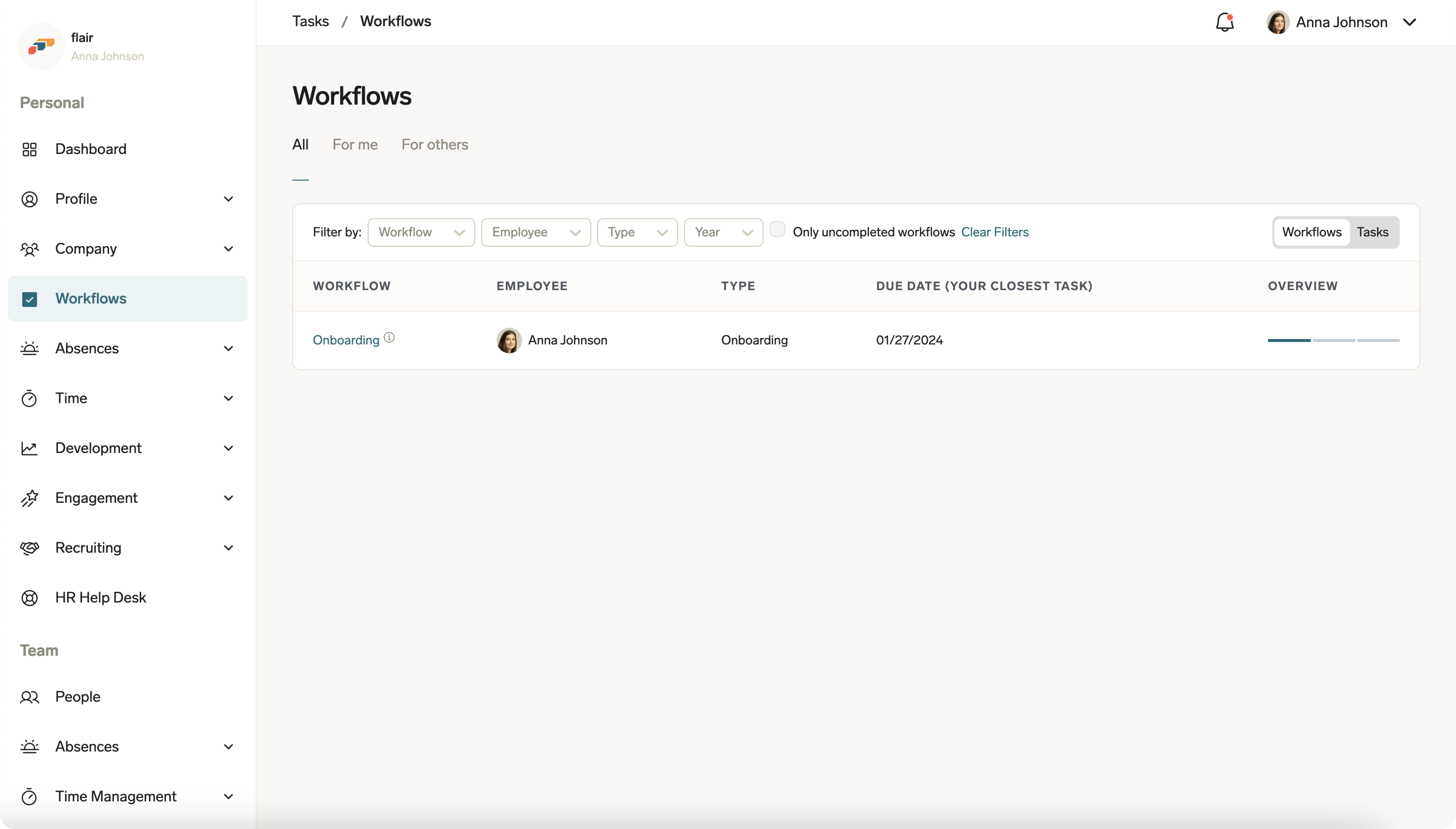 Example of Workflows in the flair Employee Hub