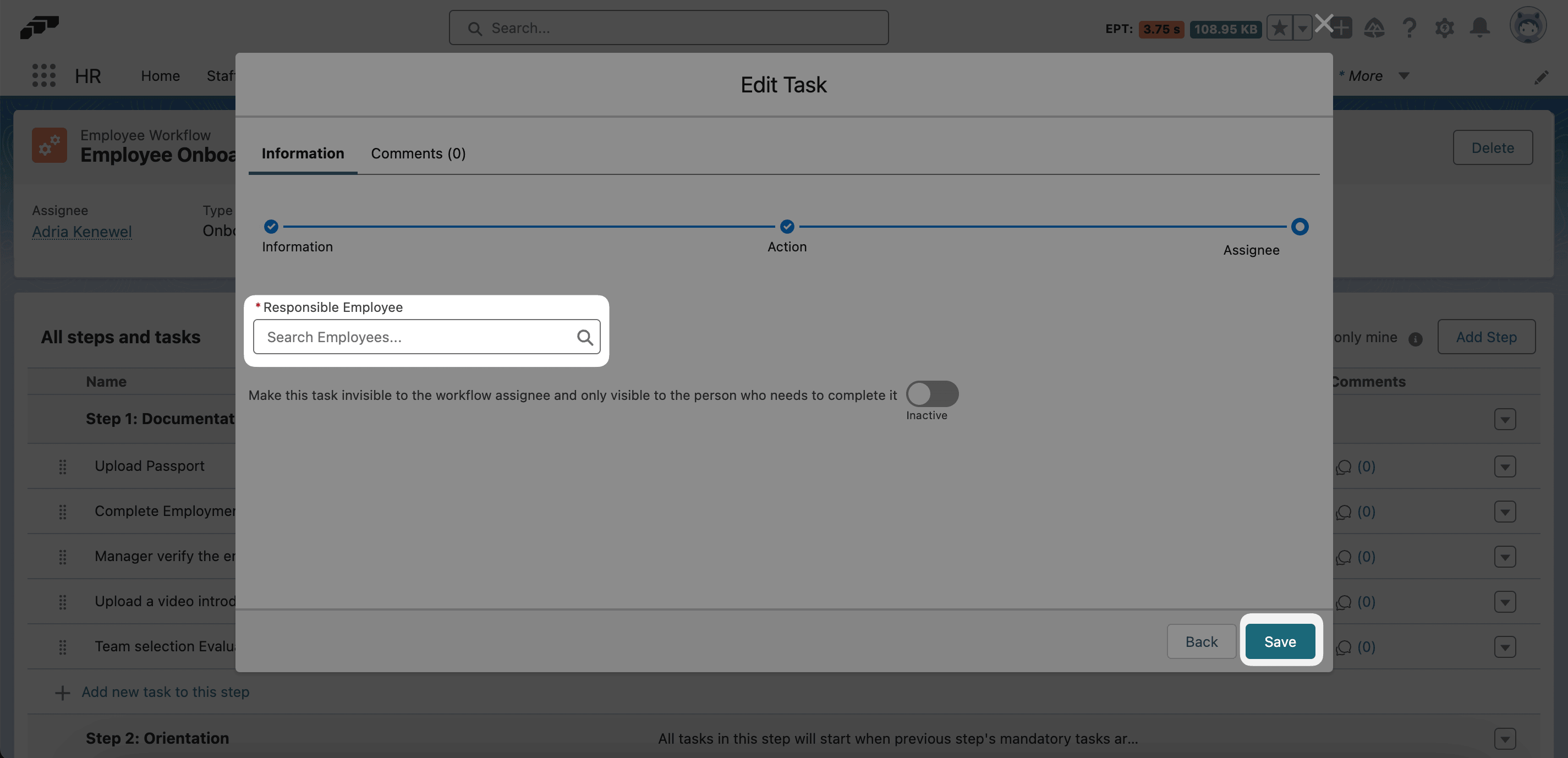 Verantwortlicher Mitarbeiter zu einer Workflow-Aufgabe hinzugefügt