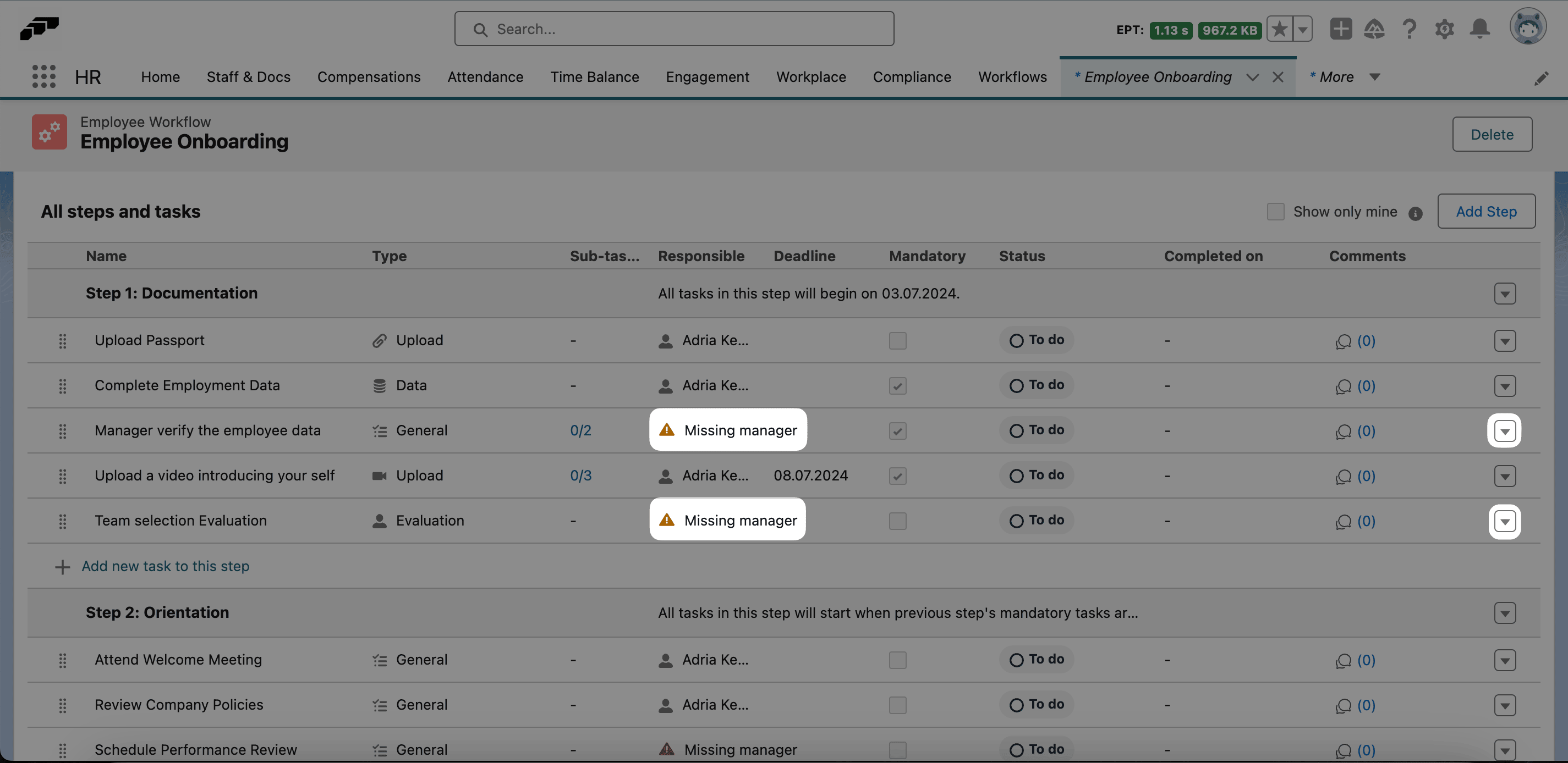 Orangefarbenes Warnsymbol an einem Workflow mit fehlenden Angaben