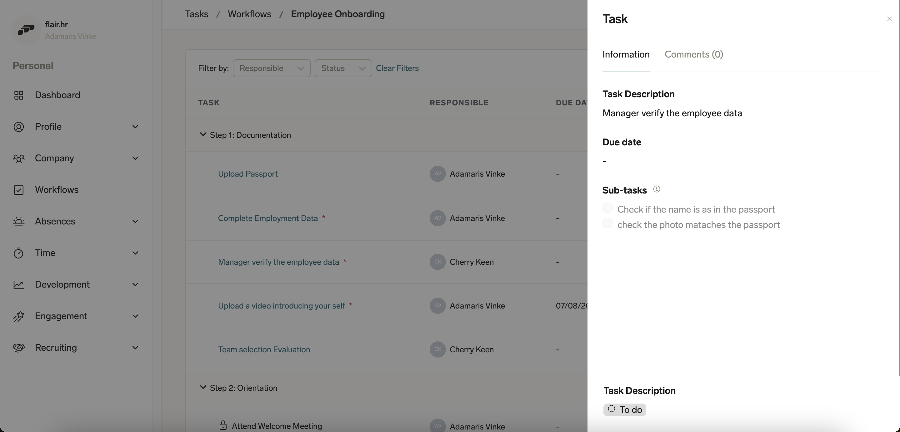 A detailed view of a workflow task in the Employee Hub