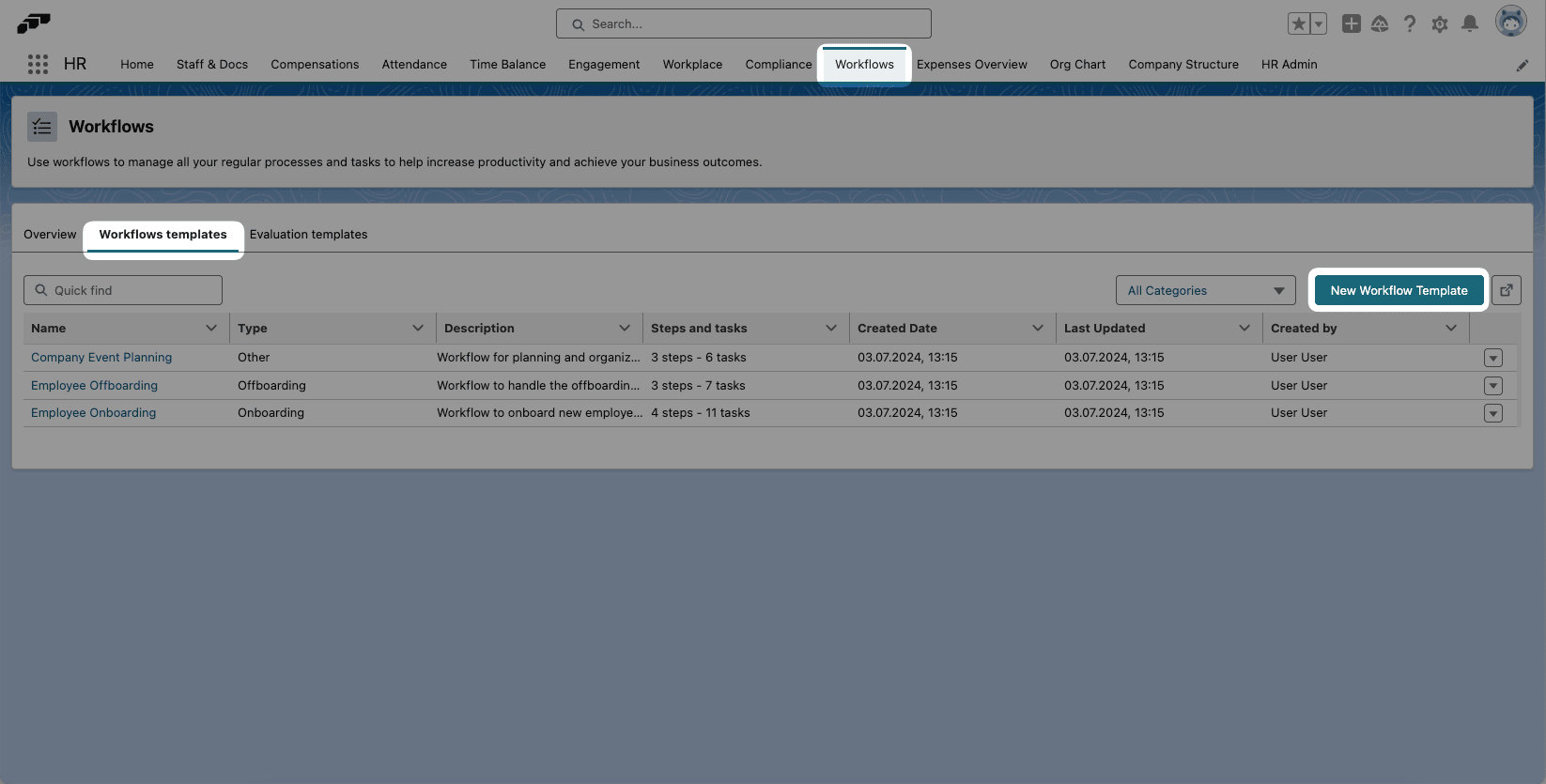 Aktion Neue Workflow-Vorlage in flair HR