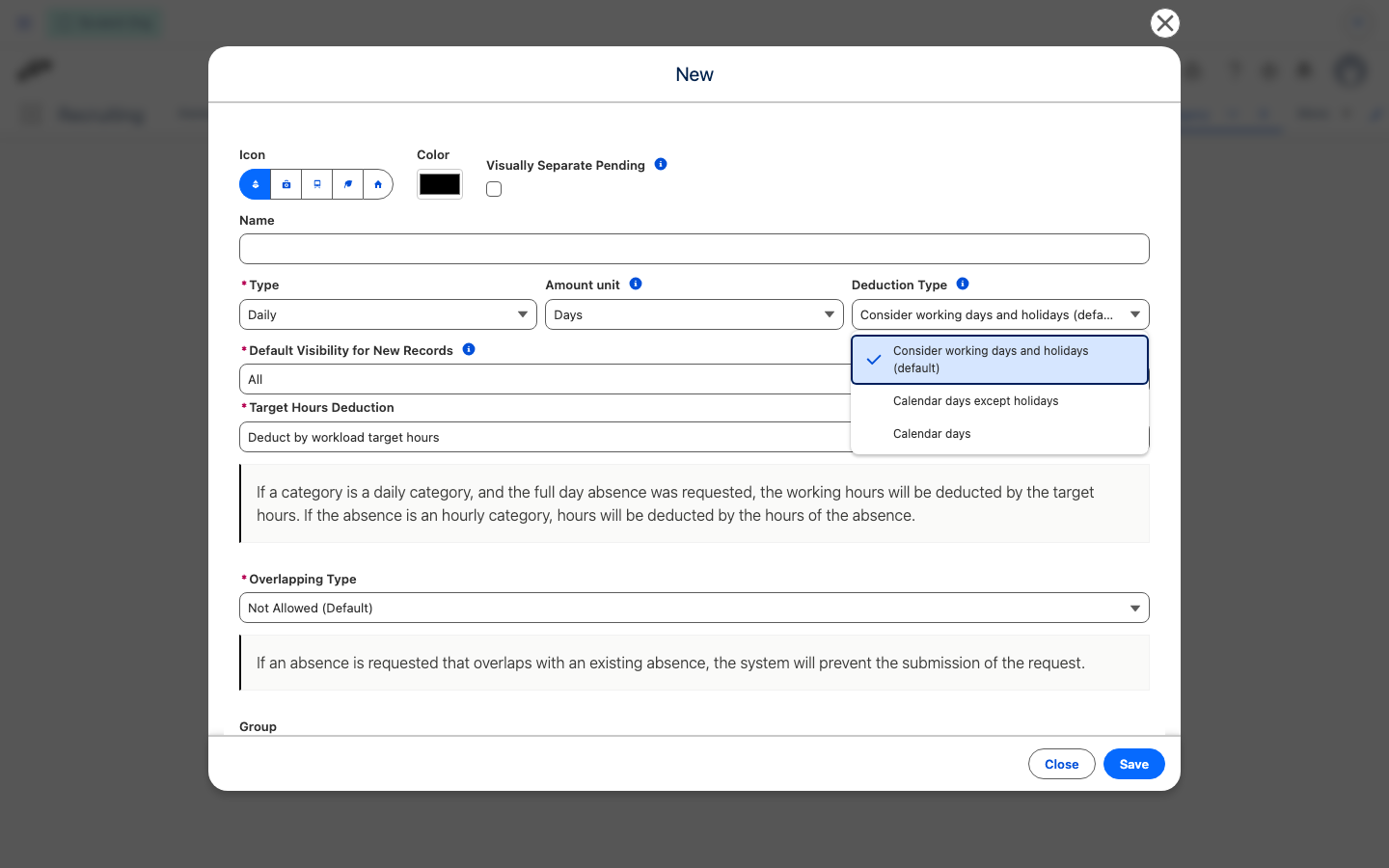 Das Feld Deduction Type bei einer neuen Absence Category, geöffnet mit den Optionen Consider working days and holidays, Calendar days except holidays und Calendar days