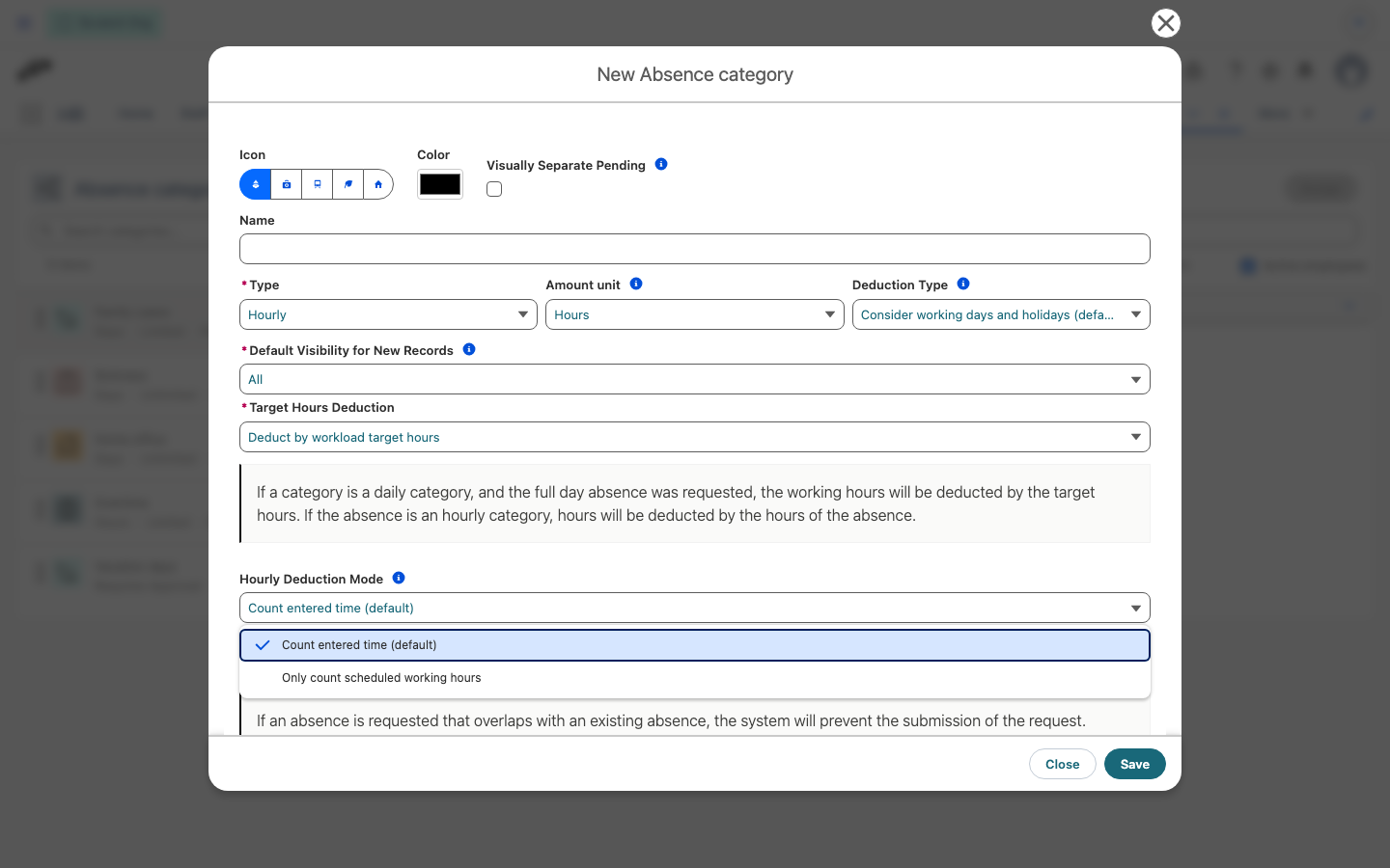 Das Formular für Abwesenheitskategorien mit Typ Stündlich und geöffnetem Dropdown Stundenweiser Abzugsmodus