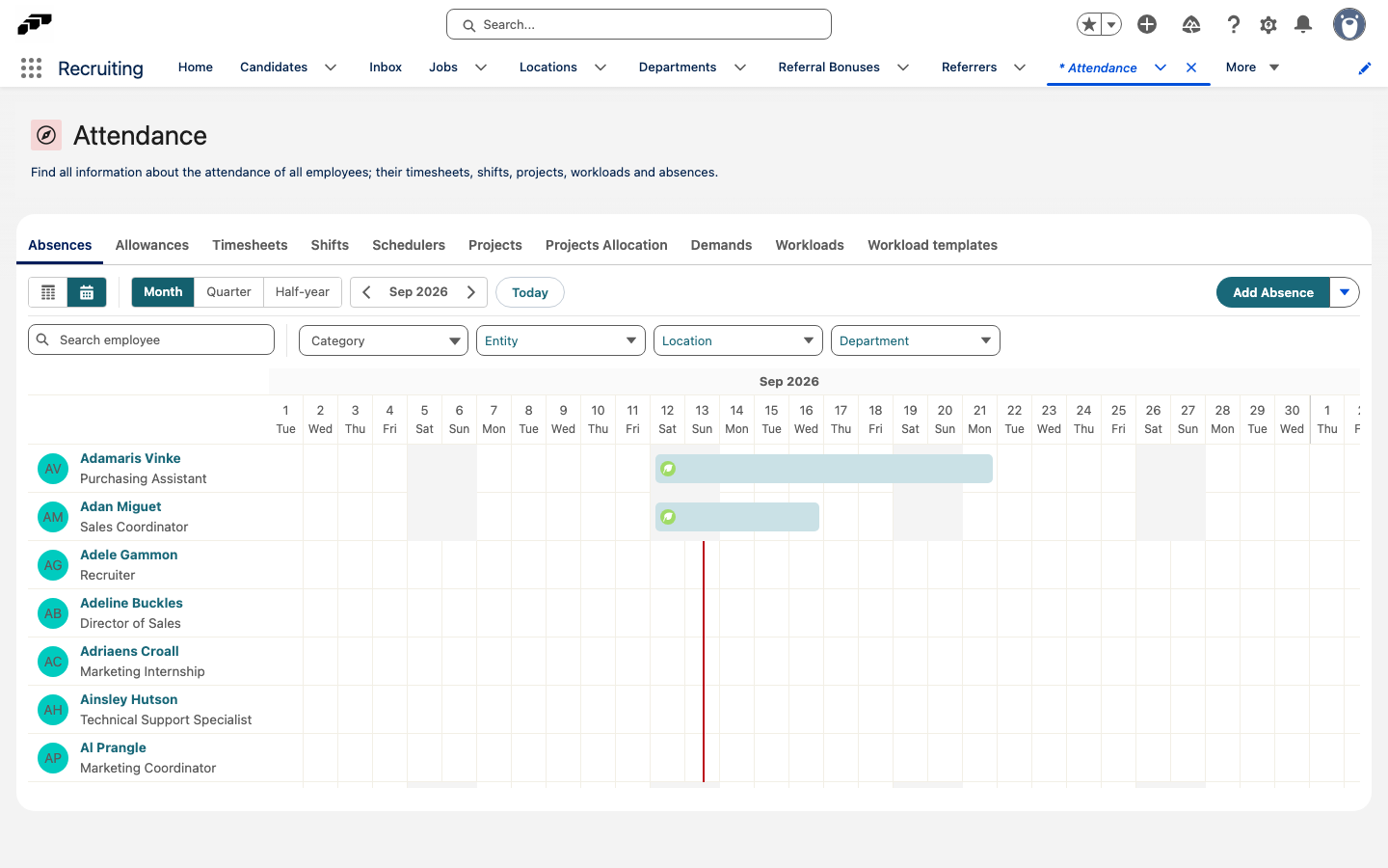 Der Abwesenheitskalender mit den Symbolleisten für Zeitraum und Filter über einer Zeitachse mit Abwesenheitsbalken der Mitarbeiter