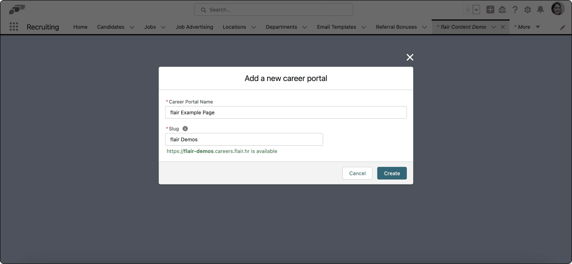 Felder für Name und Slug eines neuen Career Portals