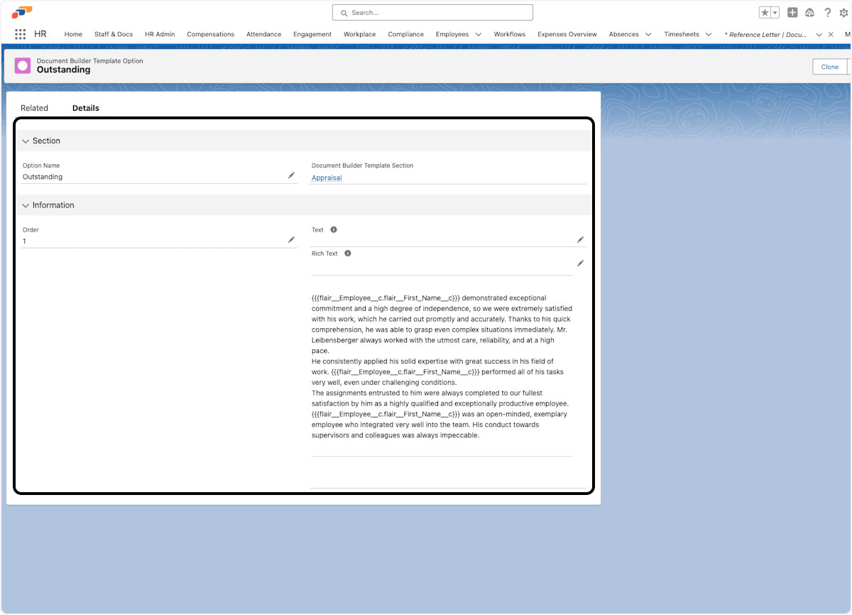 Inhaltseditor für eine Textvorlage