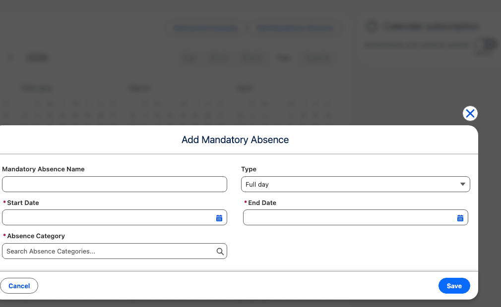Das Formular Add Mandatory Absence mit den Mitarbeiterzahlen