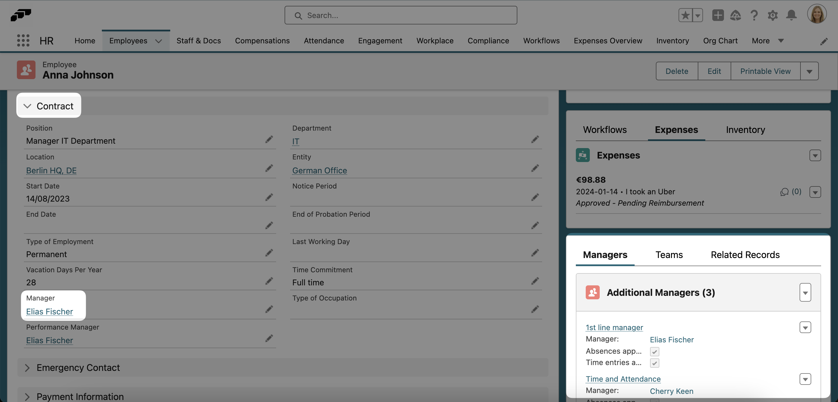 Manager und zusätzliche Manager eines Mitarbeiters in flair ansehen