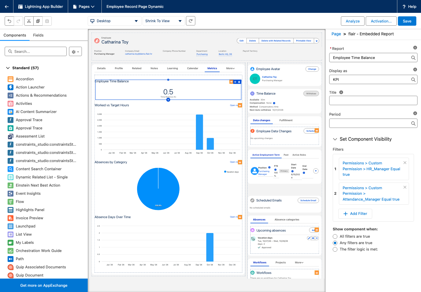 Lightning App Builder mit ausgewählter Komponente flair - Embedded Report und ihren Eigenschaften Report, Display as, Title und Period