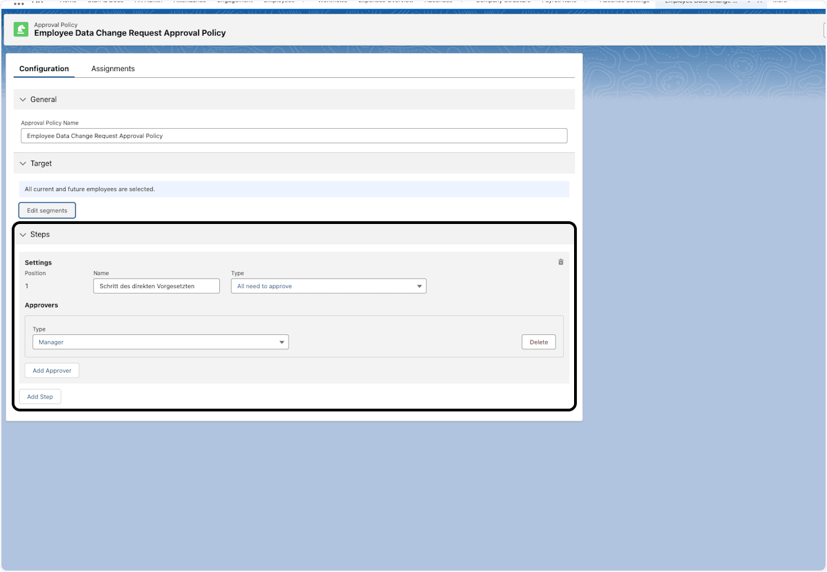 Der Tab Steps in einer Genehmigungsrichtlinie