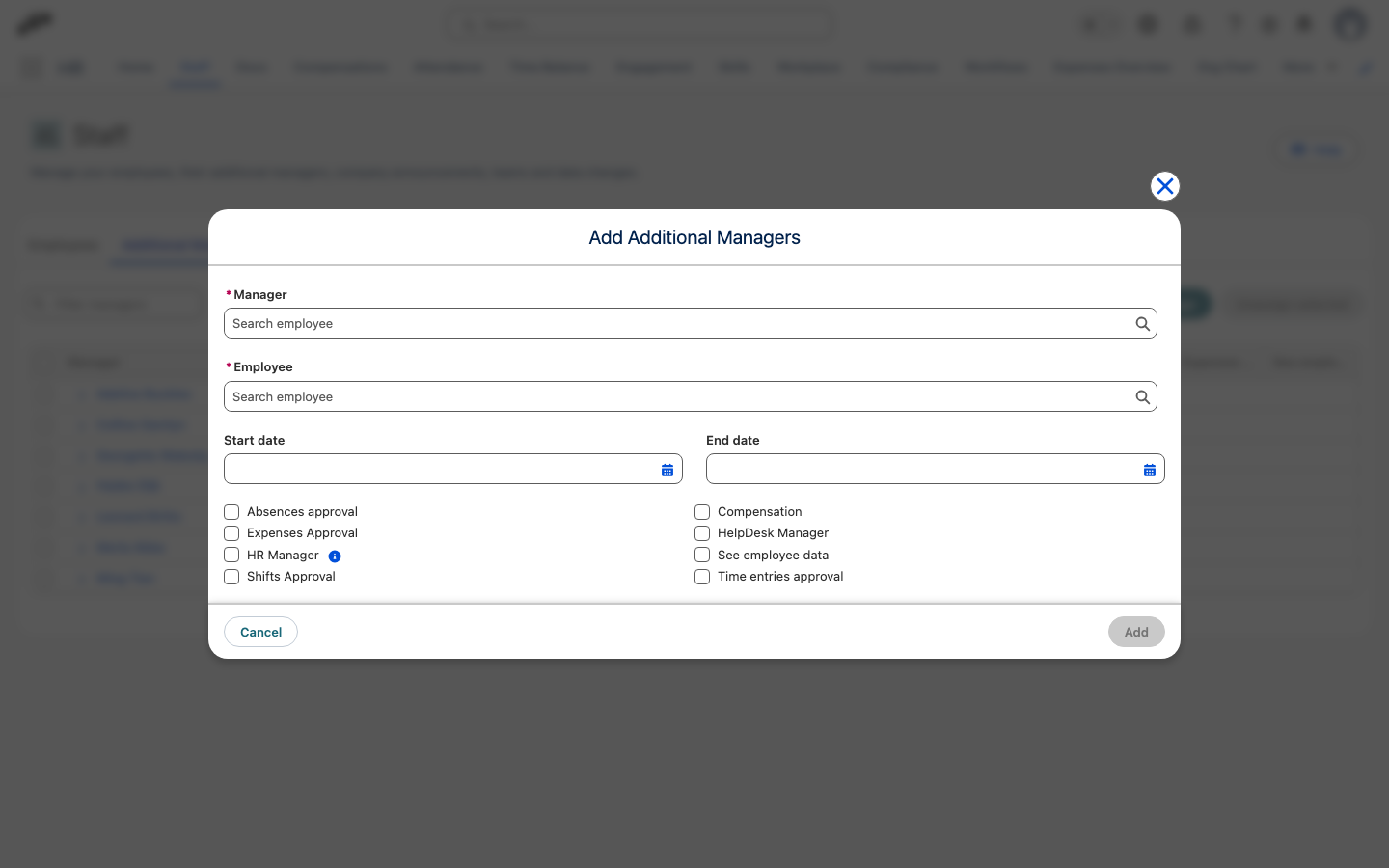 Das Modal Zusätzliche Manager mit den Feldern Startdatum und Enddatum oberhalb der Kontrollkästchen für die Verantwortlichkeiten