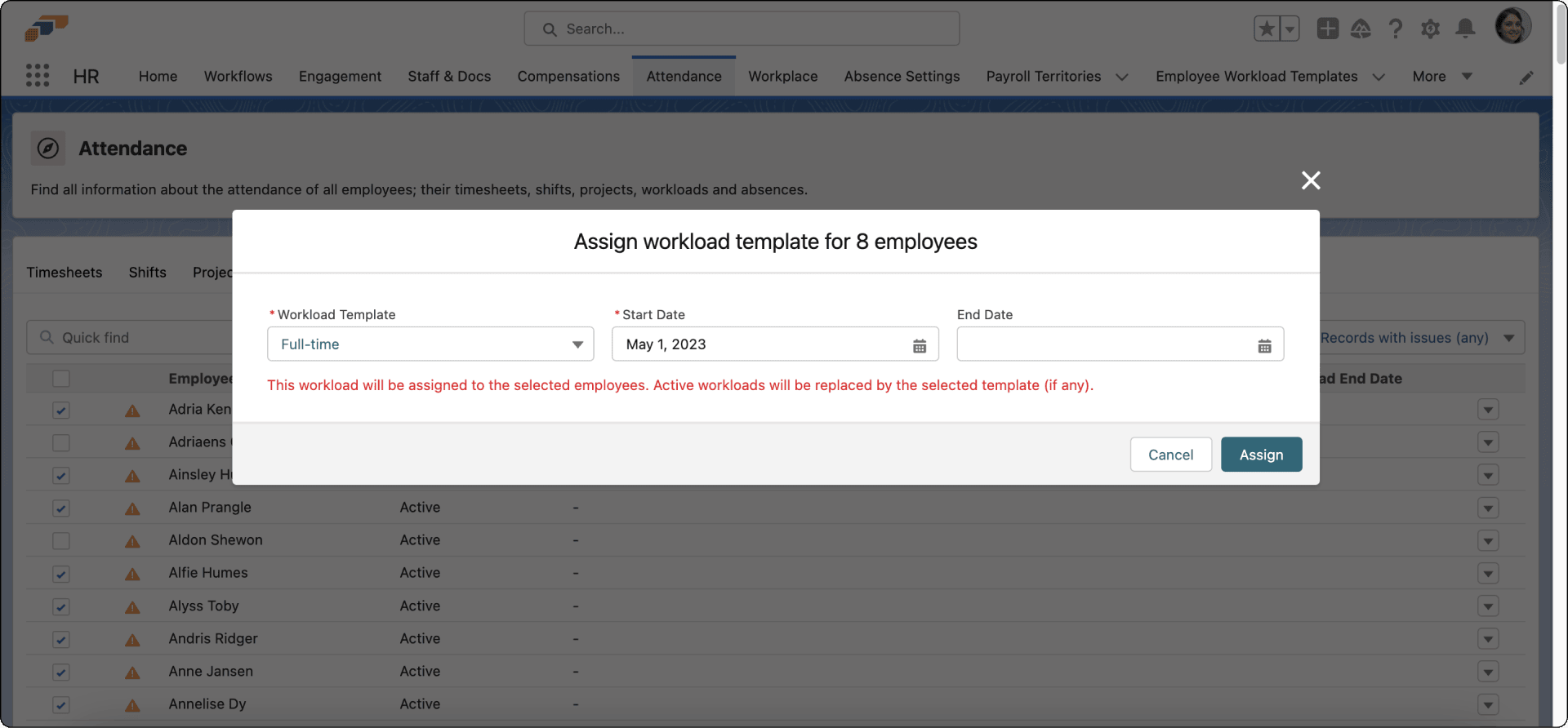 Mehreren Mitarbeitern zugewiesenes Workload Template