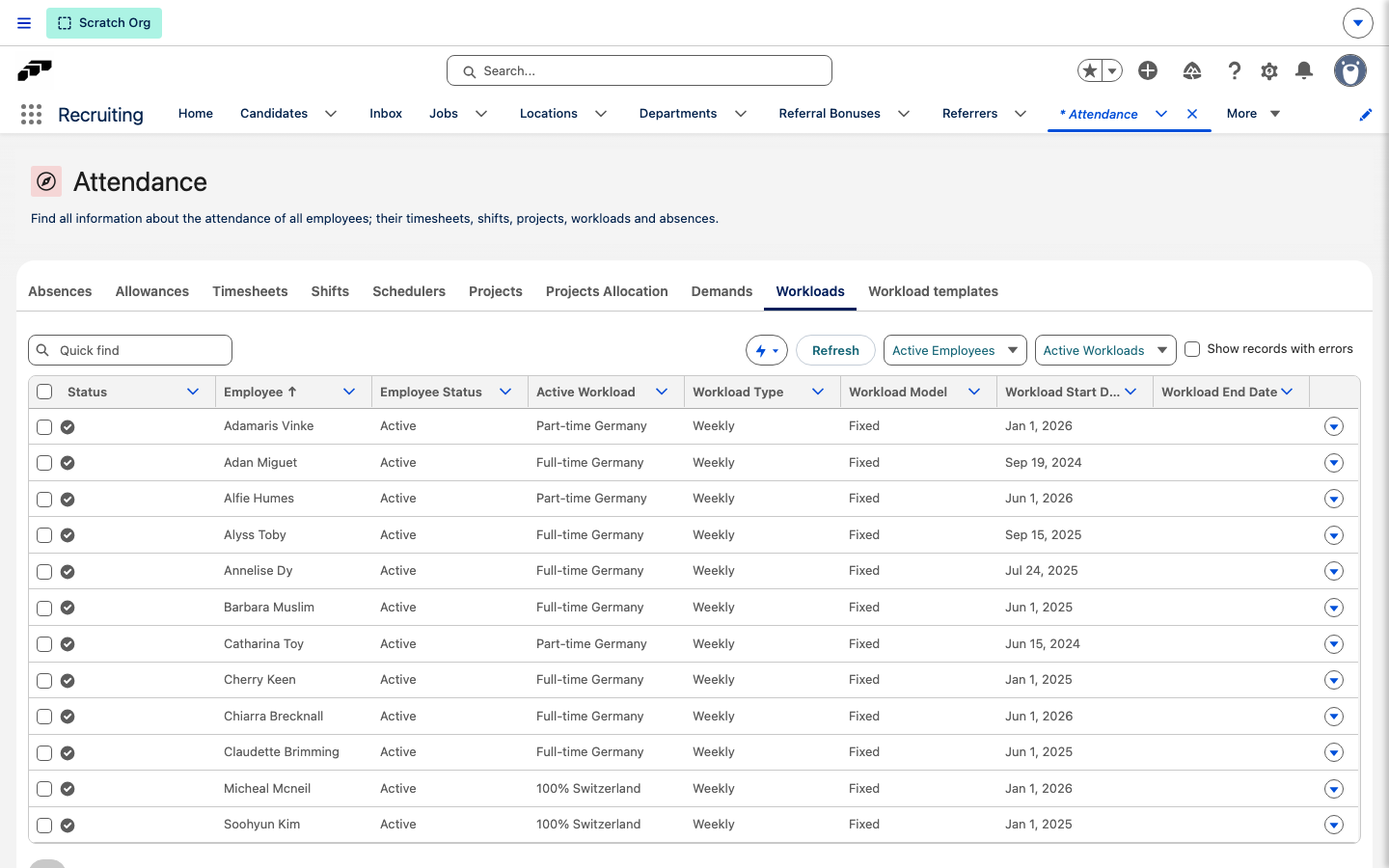 Der Workload-Typ-Filter und das Kontrollkästchen Datensätze mit Fehlern anzeigen in der Liste Arbeitszeitmodelle unter Anwesenheit