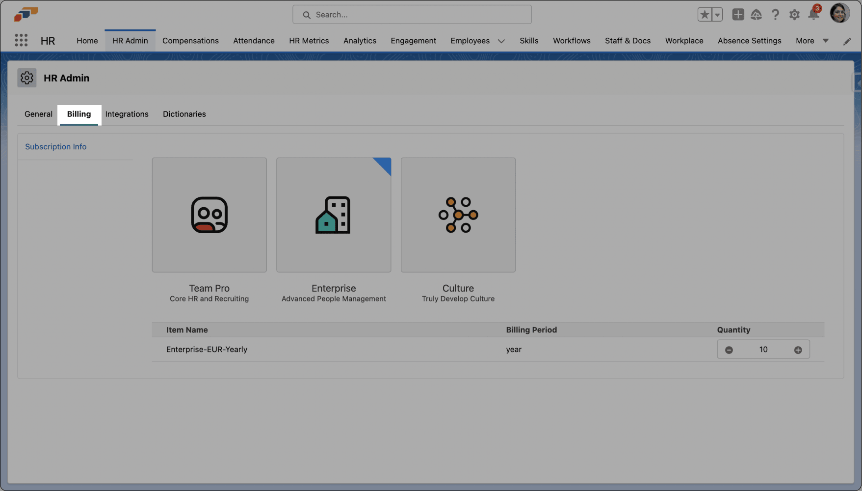 Tab Billing in flair HR Admin mit aktiven Lizenzen