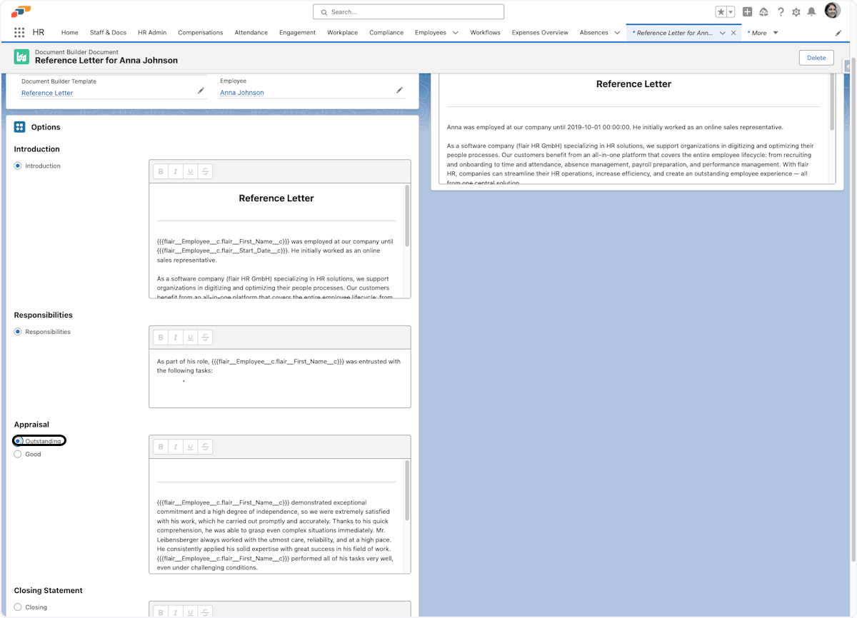 Ausgewählte Textoptionen in einem Document Builder Document