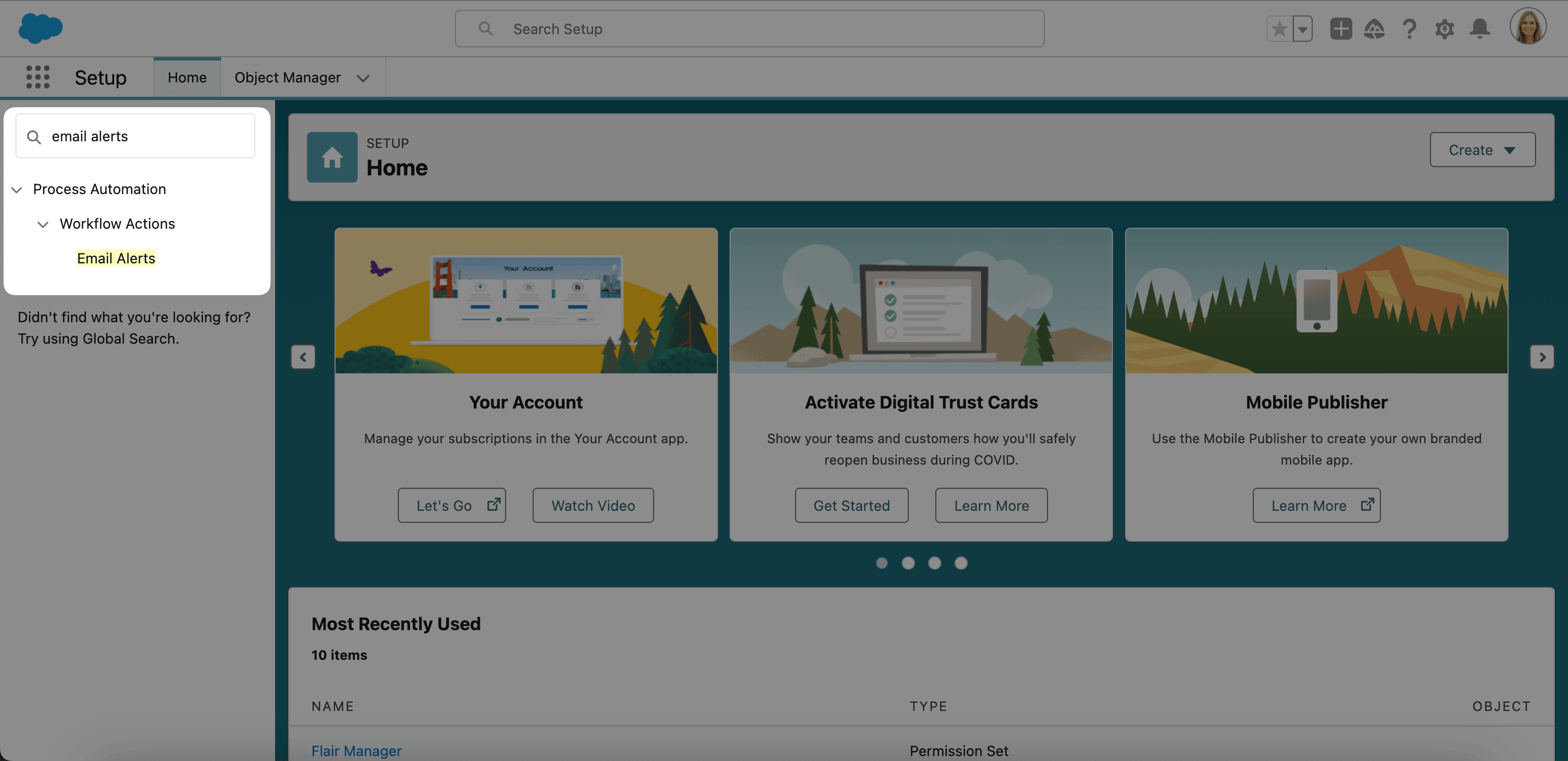 Suche nach Email Alerts in Salesforce Setup