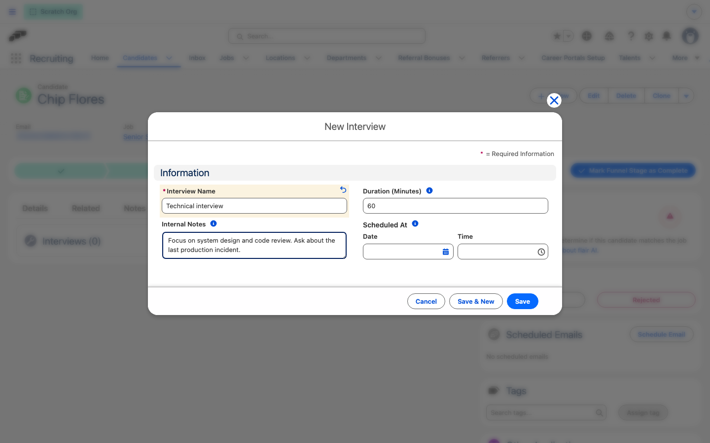 Das Formular Neu: Interview mit Interview Name, Interne Notizen, Dauer (Minuten) und Geplant am