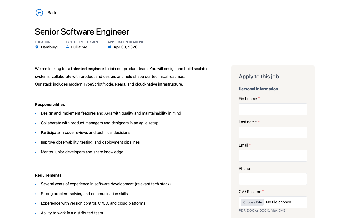 Stellenseite eines eingebetteten Career Portals mit der Schaltfläche Zurück über dem Stellen-Header und ohne Portal-Header
