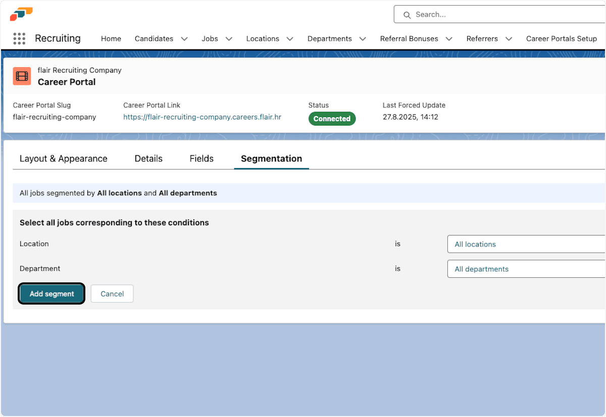 Standort- und Abteilungssegment eines Career Portals