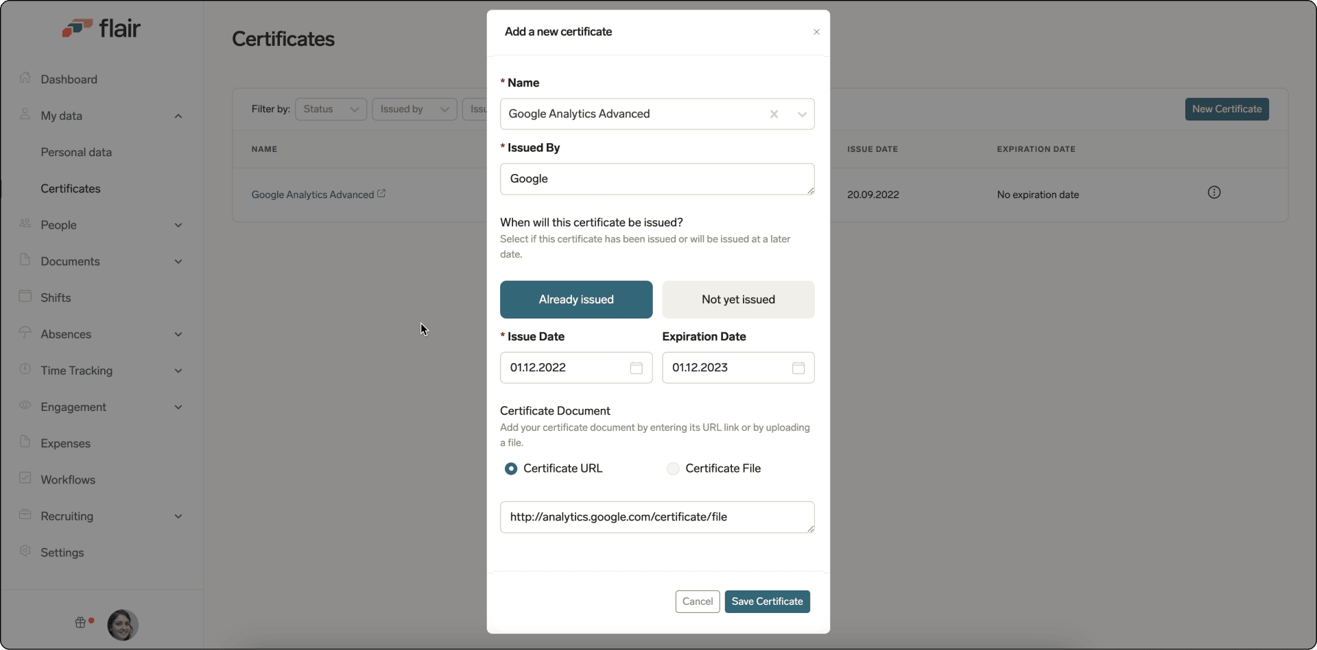 Aktion Neues Zertifikat im Employee Hub