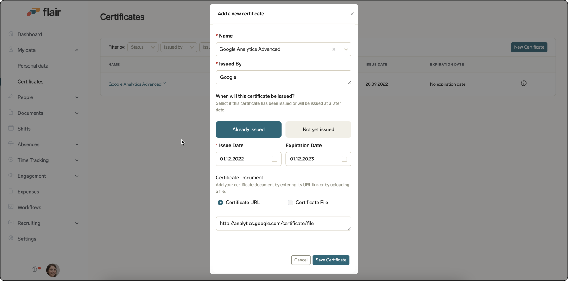 Employees can upload certificates to the Employee Hub