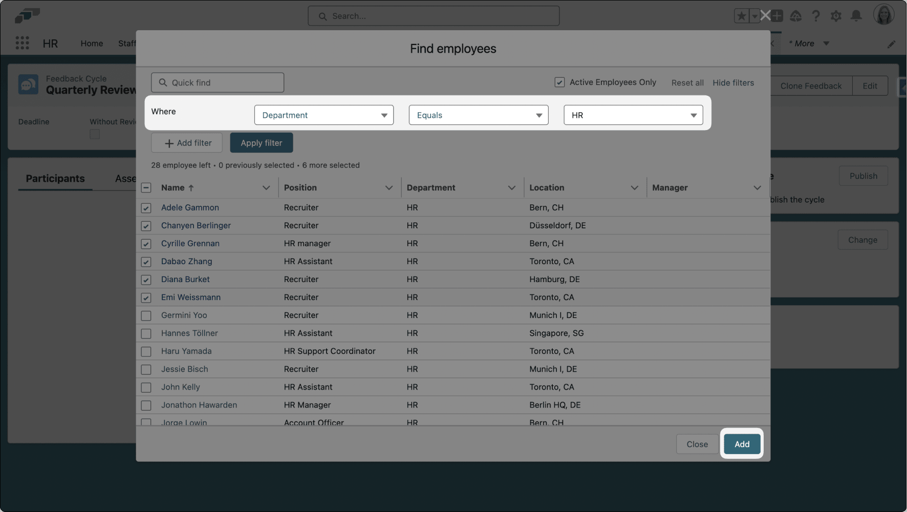Schaltfläche Add in Performance Reviews