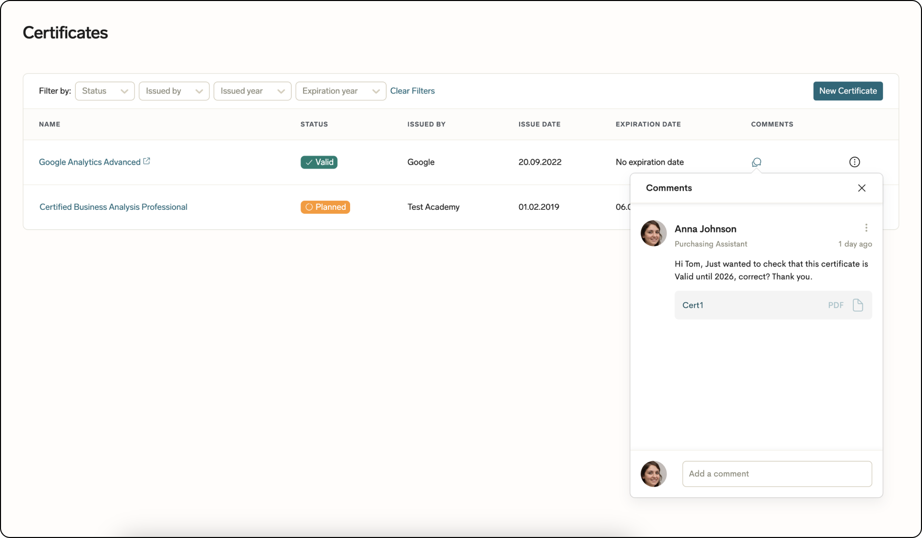 Commenting on certificates