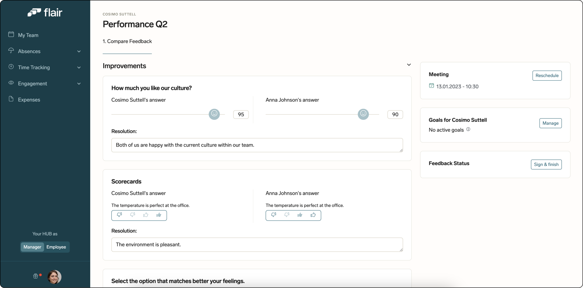 Managers can review employee performance in the Employee Hub