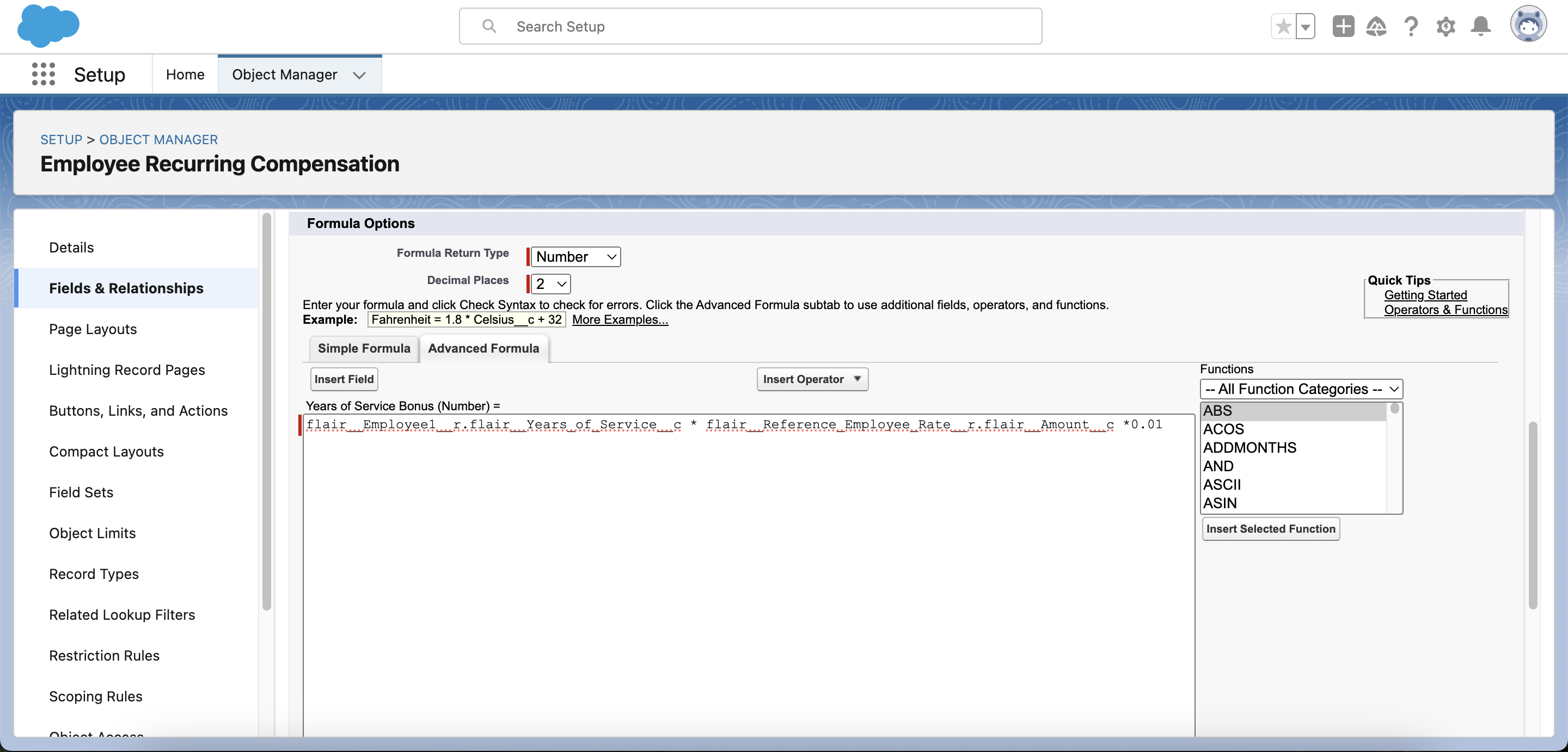 Geben Sie Ihre Formel ein und klicken Sie auf Speichern