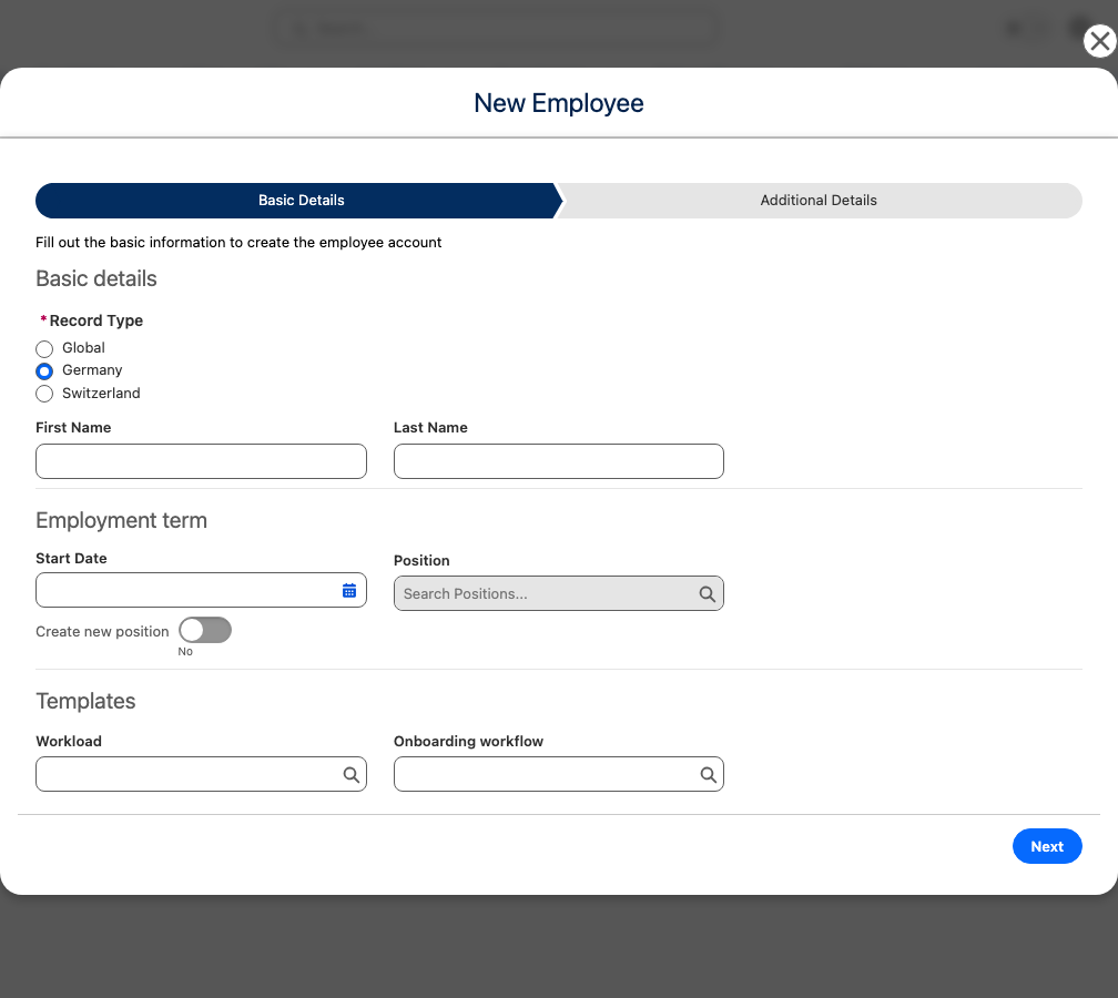 Auswahl des Datensatztyps im ersten Schritt des Flows New Employee in Salesforce