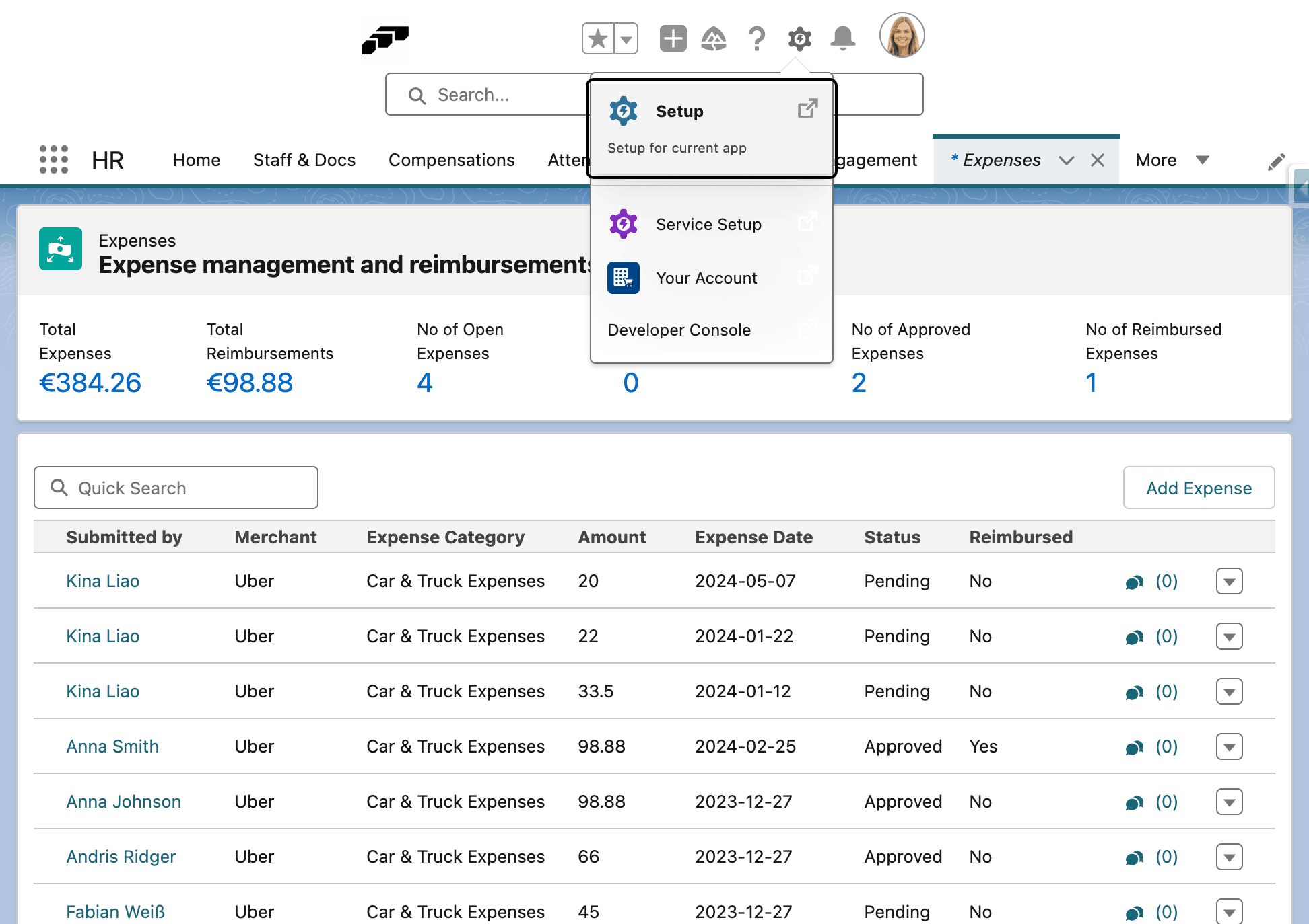 Salesforce Setup-Zahnradsymbol zum Konfigurieren von Ausgabenspalten
